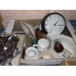 A box containing assorted ceramics and collectors items including Royal Crown Derby Posies pin