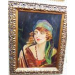 Mandy: an ornate giltwood framed modern oil on canvas portrait of a 1930's lady wearing a green