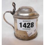 A silver flip-top mustard pot with reeded loop handle and associated blue glass liner - Chester