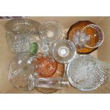 Two boxes containing assorted glassware including cut and moulded glasses, comports, etc.