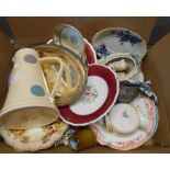 A box containing assorted ceramics, silver plated dishes, etc.