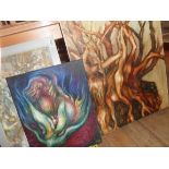 An unframed oil on canvas, depicting roots and branches - sold with another depicting an abstract