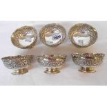 A set of six 3 1/2" diameter Anglo-Indian marked "silver" pedestal bowls with decorative embossed