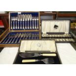 A cased set of twelve each silver plated fish knives and forks - sold with cased fish servers and