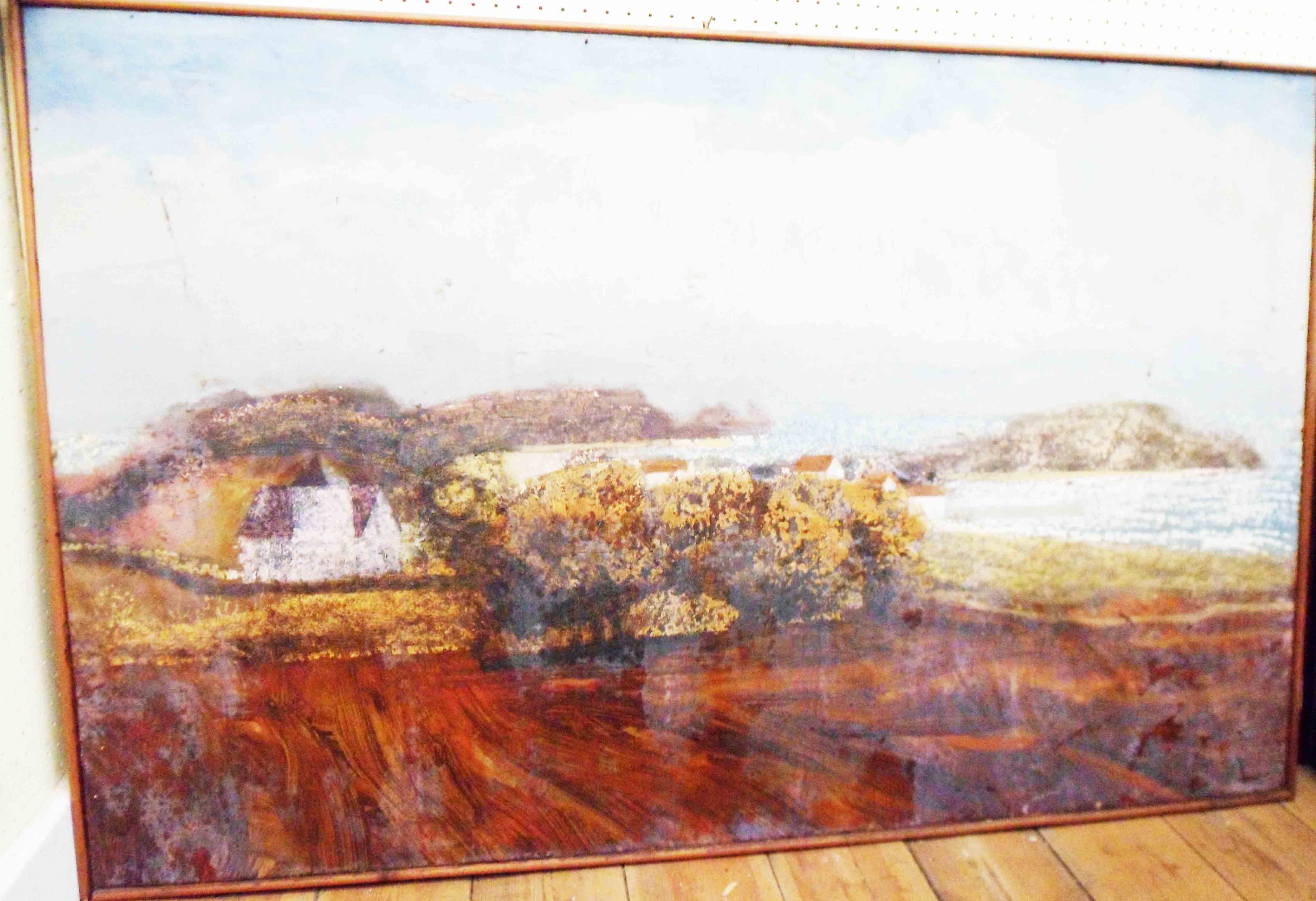 A large oil painting on board, depicting coastal landscape with buildings - paint surface with bloom