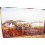 A large oil painting on board, depicting coastal landscape with buildings - paint surface with bloom