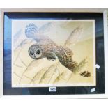 John Tennent: a framed vintage coloured print entitled "Short-Eared Owl" - signed in pencil to the