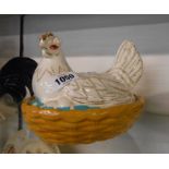 A Staffordshire pottery hen nest decorated with gilt and turquoise enamels - beak a/f