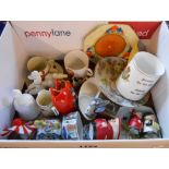 A box containing assorted ceramic items including Clarice Cliff Bizarre Crocus pattern tea plate,
