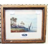 Richmond Markes: a small gilt framed watercolour, depicting an Eastern coastal scene with palm trees