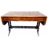 A 3'9" 19th Century mahogany strung and cross banded sofa table with two frieze drawers and opposing