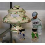 A Mousehole pottery figurine of a fisherman - sold with two miniature Devonmoor posey jugs, and a