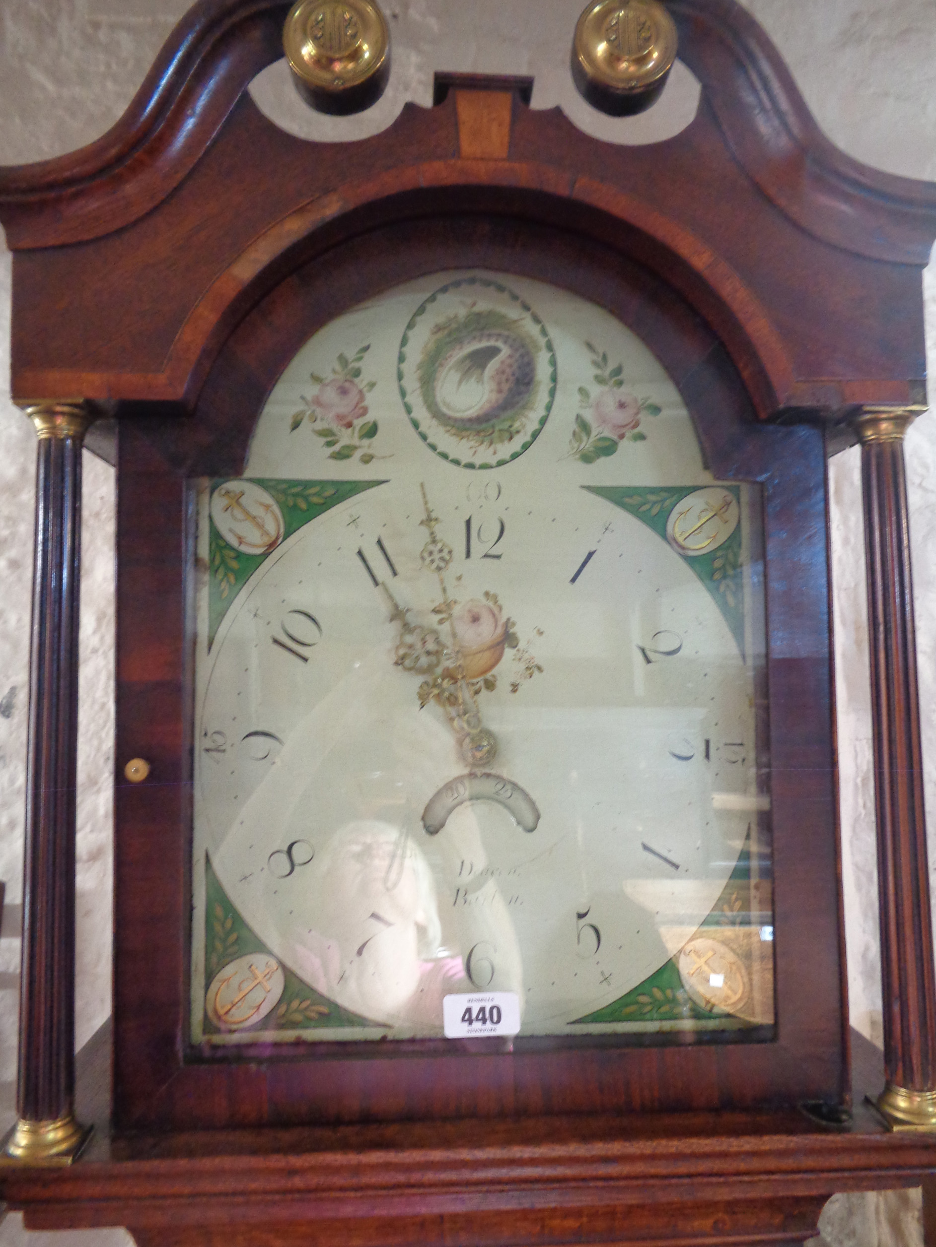A 19th Century oak and crossbanded longcase clock, the 12" painted arch dial with horse chestnut