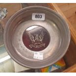 A 1930's English pewter bowl with etched ruby glass insert advertising Heston Aircraft with