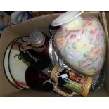 A box of assorted glass and china including Whitefriars ruby trail vase, silver plated and glass