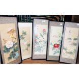 Five matching ebonised framed 20th Century Chinese silk paintings, depicting perching birds, flowers