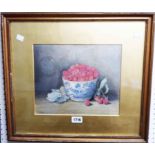 Agnes Holding: a gilt framed and slipped watercolour still life with raspberries in a Chinese bowl -