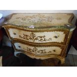 A 13 1/2" reproduction painted and parcel gilt serpentine front commode chest of two long drawers