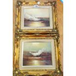 Ada: a pair of ornate gilt framed and hessian slipped oils on board, depicting coastal views with