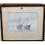 Ian Hudson: a framed watercolour, depicting moored sailing vessels in the morning mist - signed