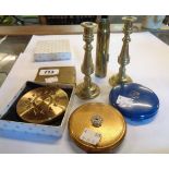 Four vintage compacts - sold with a pair of miniature brass candlesticks and a brass shell case