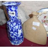 A Victorian blue and white vase (chipped) and crackle glaze flat sided vase