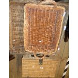 Three old wicker trays and a wicker picnic basket