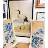 An ebonised framed 20th Century Chinese coloured print, depicting a study of a red headed crane -