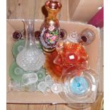 A box containing a quantity of glassware including carnival and a dressing table set