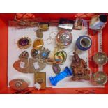 A box of collectable items including plated nurse's buckle, wood figure, two miniature Aller Vale