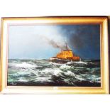 John Lawes: a gilt framed oil on canvas, depicting a paddle steamer frigate on choppy seas -
