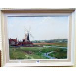 Terence Storey: a painted wood and hessian framed oil on canvas, depicting a view in Norfolk with