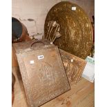 An embossed brass coal box, brass charger, hangling light, aluminum plaque, etc.