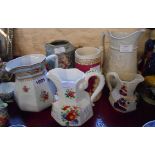 Six 19th Century pottery jugs including Pountney & Allies Bristol hydra, majolica, Gaudy Welsh,