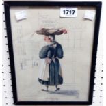 A framed Georgian watercolour entitled "The Fish-Fag", depicting a fish seller stood before a public