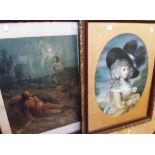 Five framed large format prints, including a Gainsborough style lady, the death of a soldier,