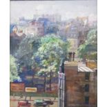 Joan Jameson: a heavy gilt framed oil on canvas under glass, depicting a townscape with figures