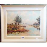 A framed 20th Century oil on canvas, depicting a waterway inlet with rowing boats and cottage -