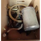 A box containing assorted metalware including coffee grinder, small brass ships wheel with chain,