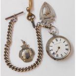 A marked 800 grade white metal back wind lever pocket watch, on marked 925 kerb-link watch chain,