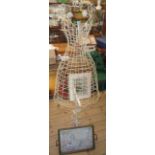 A vintage wirework dress mannequin - sold with a vintage embroidery inset tray