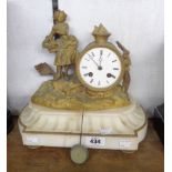 A late 19th Century gilt spelter drum and figural mantle timepiece with shaped white marble base and
