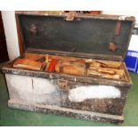 A vintage carpenter's tool box with contents