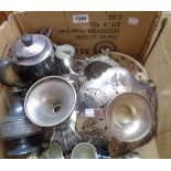 A box containing a quantity of silver plated items including tazza, comport, small trophy cups,