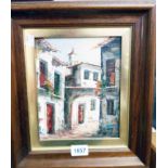 Marin: A late 20th Century polished wood framed oil on canvas, depicting a continental back street
