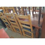 Seven matching modern blonde wood framed ladder back dining chairs - sold with a similar carver
