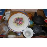 A box containing Wedgwood black basalt teapot, coffee pot and milk jug, a Sarreguemines majolica