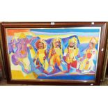 A polished wood framed acrylic on canvas modern Hindu painting, depicting Ganesh and four other
