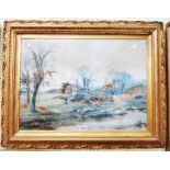 Arthur Willett: an ornate gilt framed watercolour, depicting a hunt passing a rural cottage with