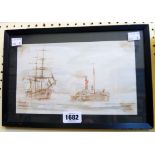 A small framed watercolour representation of J.M.W. Turner`s "Fighting Temeraire"